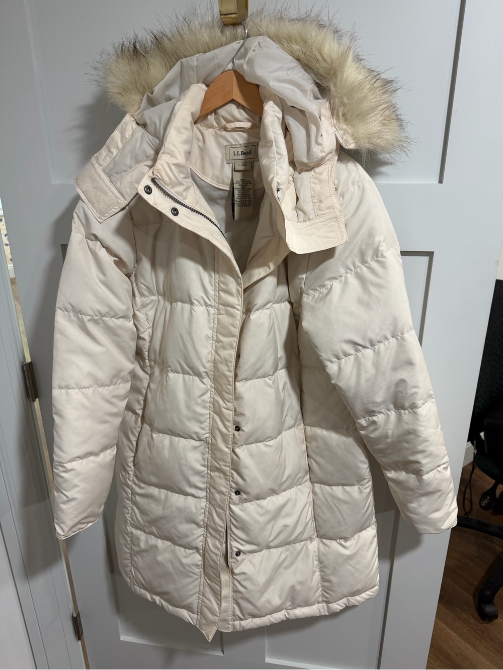 L.L. Bean Women's Ivory Down Puffer Coat with Faux Fur Trimmed Hood